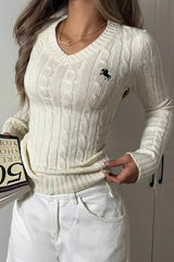 Embroidered Cable Knit V Neck Sweater