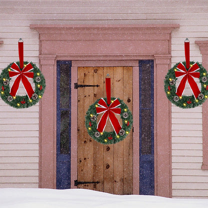 Set of 3 Lighted Artificial Christmas Wreaths with LED Lights and Red Bow Ornaments