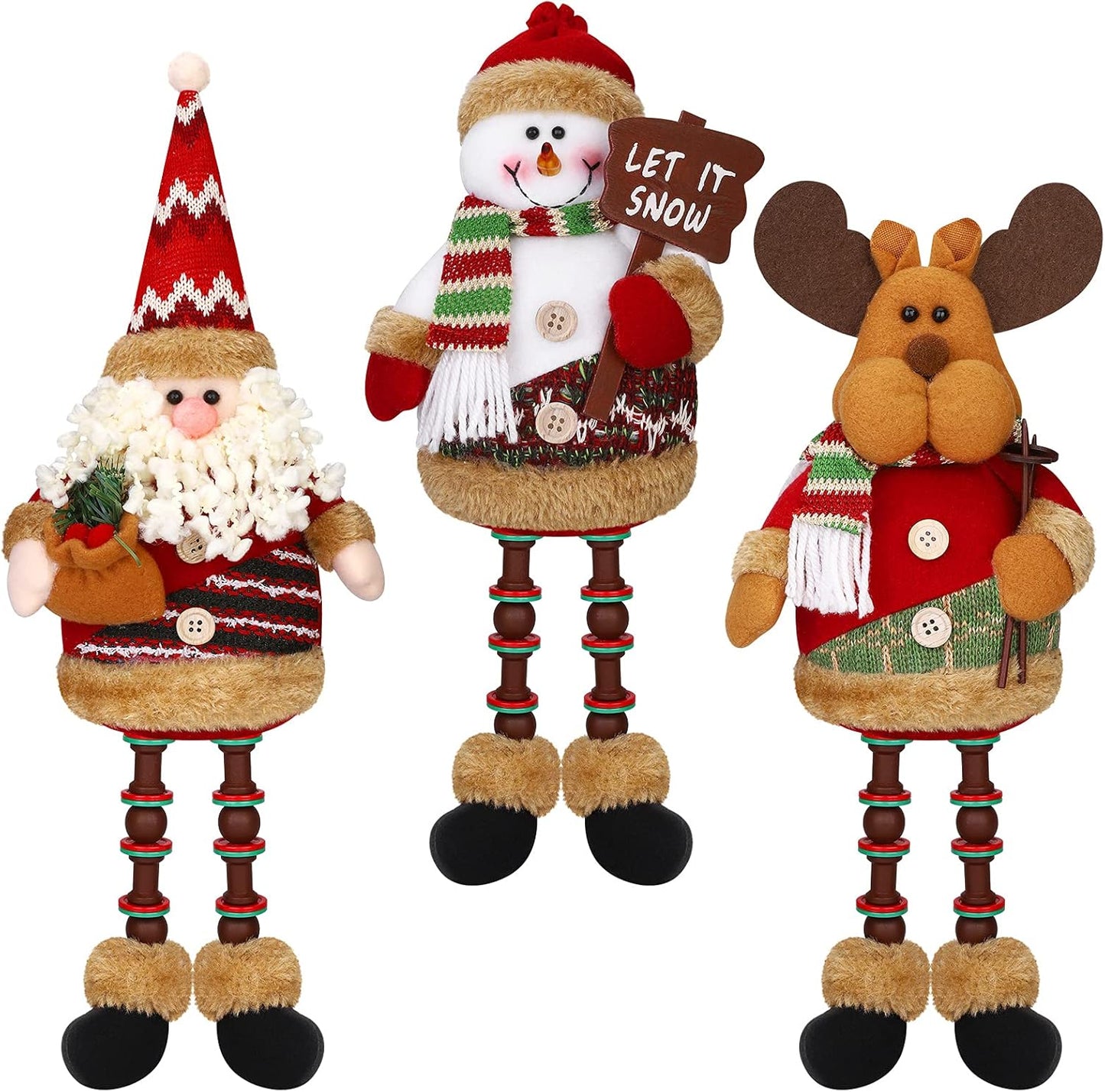 Christmas Sitting Santa Snowman Reindeer Doll Long Legs Ornament Set - Pack of 3