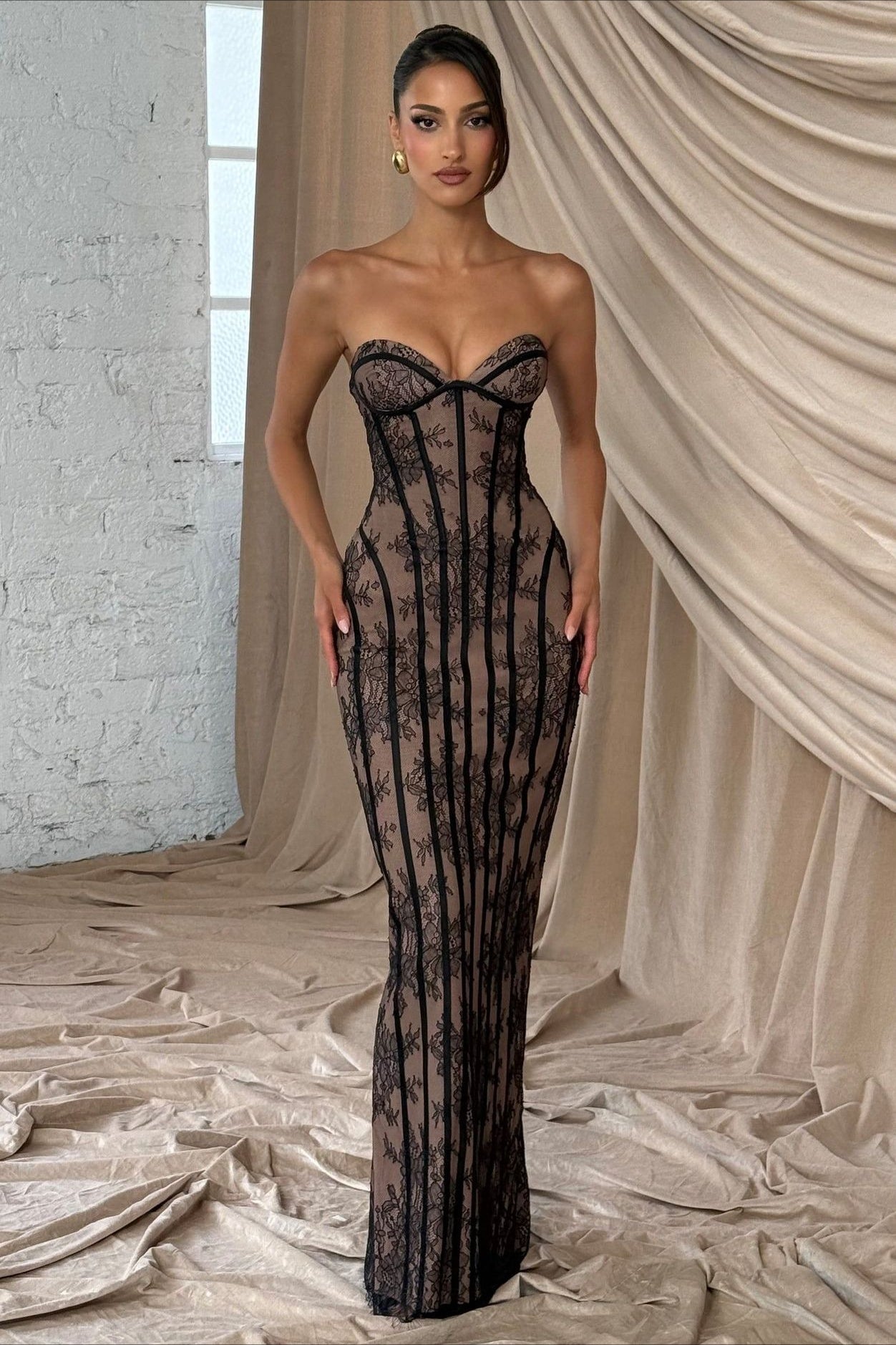 Strapless Lace Vertical Bodycon Maxi Lace Dress Main image