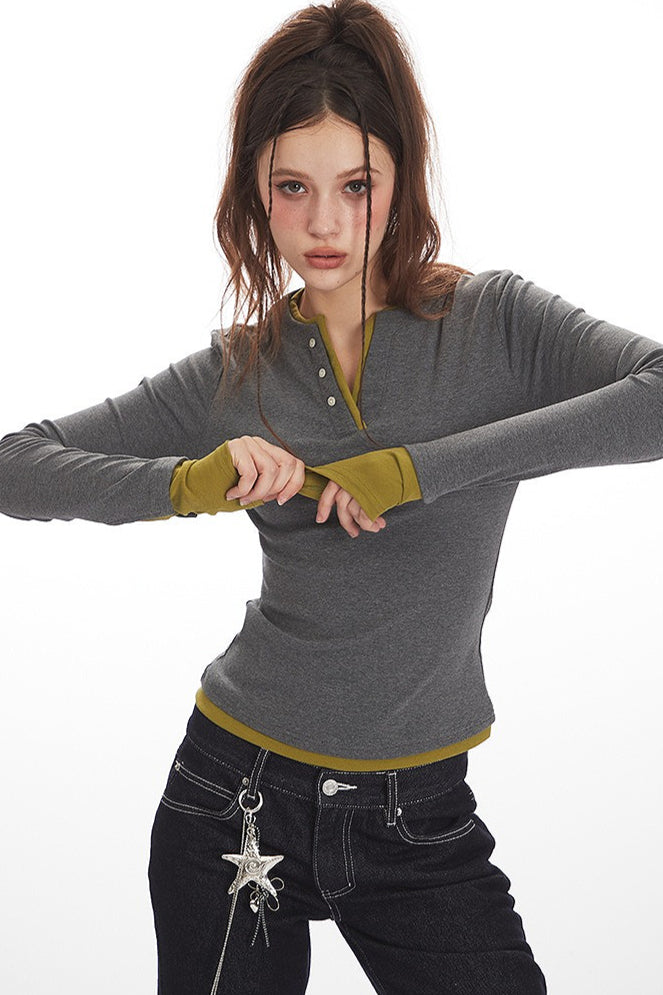 Contrast Collar Layered Fitted Long Sleeve T-Shirt