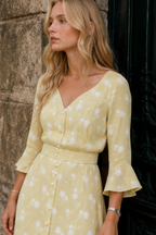 Asymmetric V Neck Flare Sleeve Floral Dress