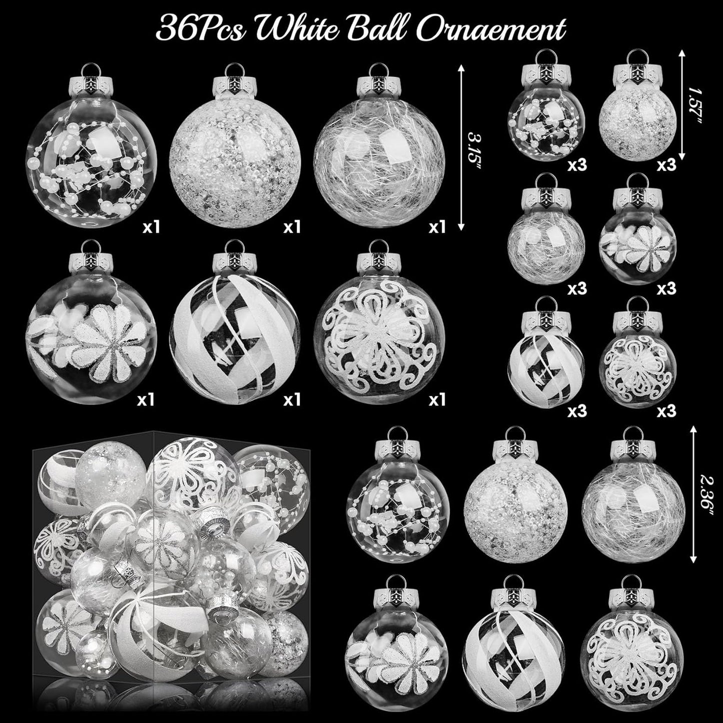 36Pcs Shatterproof White Christmas Ball Ornaments with Glitter - Perfect for Xmas Party and Home Holiday Decor