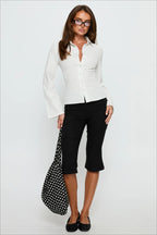 Pinstripe Flared Sleeve Fitted Button Front Blouse
