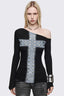 Rhinestone Cross One Shoulder Long Sleeve T-Shirt