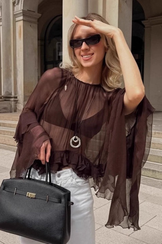 Sheer Retro Chiffon Flare Sleeve Long Sleeve Top Secondary image