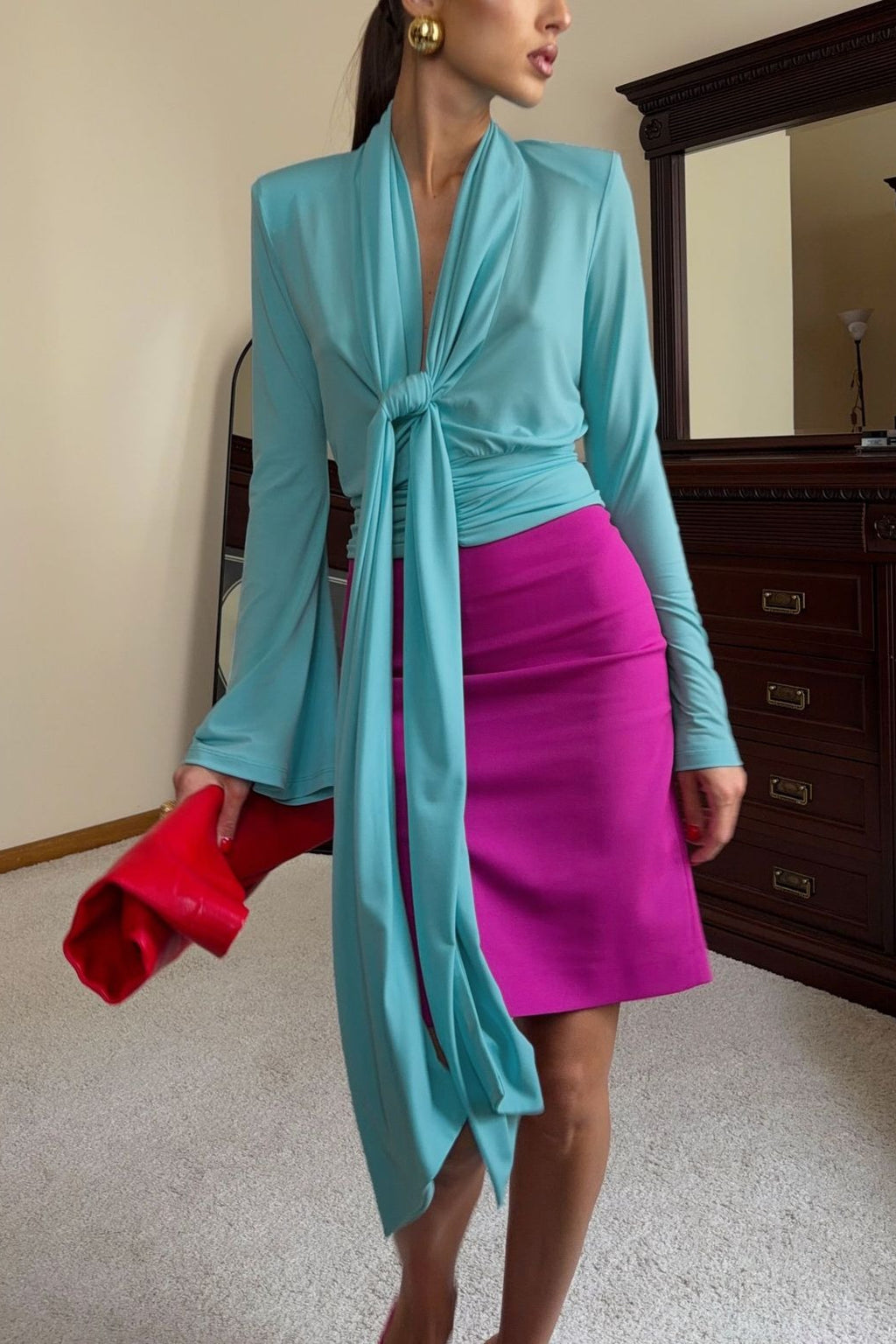 Draped Tie Neck Bell Sleeve Long Sleeved T-shirts
