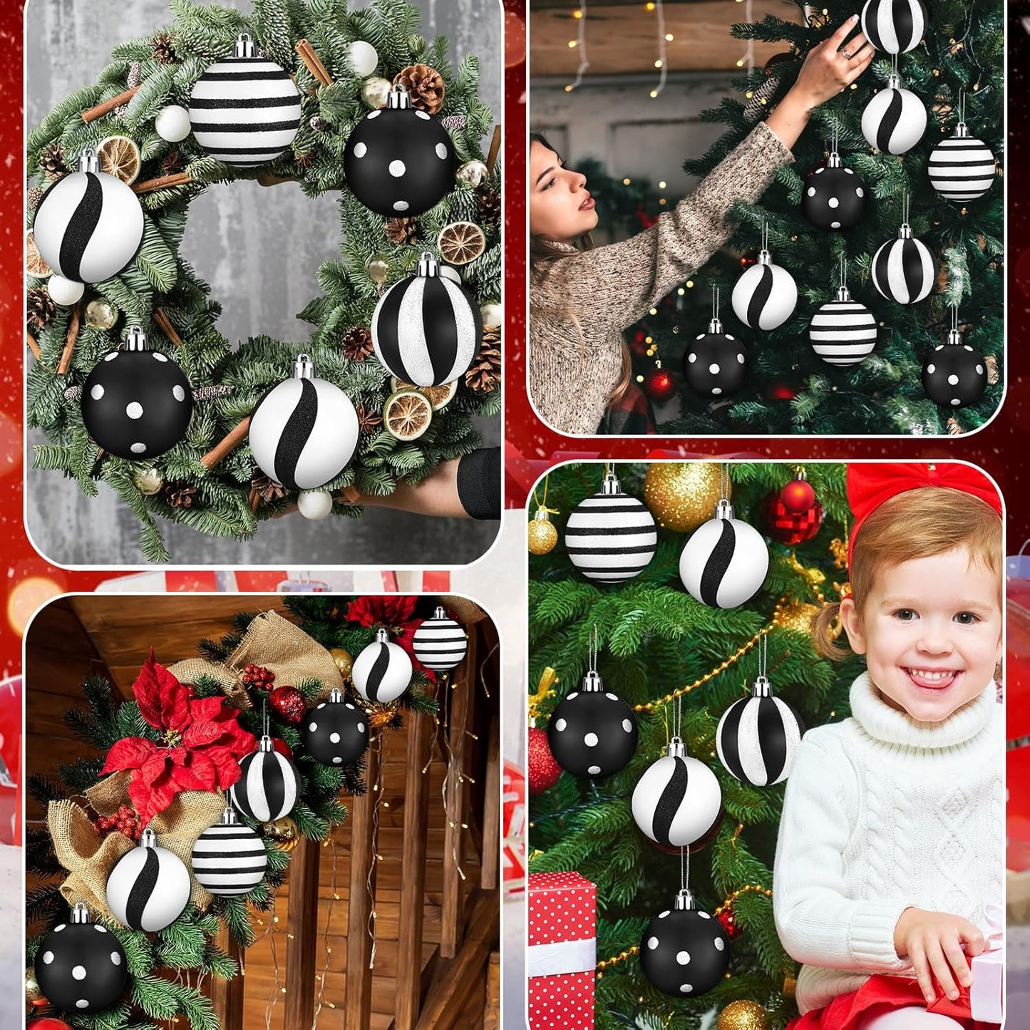 Black and White Christmas Ball Ornaments - Fresh Style, Set of 12