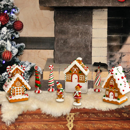 Gingerbread Village Resin Mini Xmas Tree & Man Ornament Set - 10 Pieces