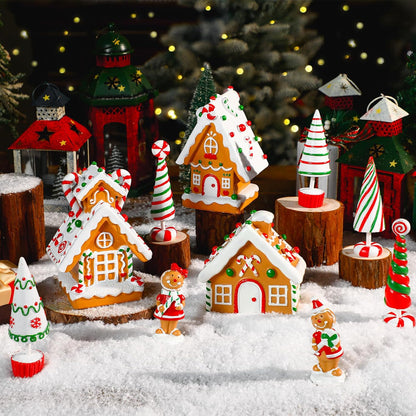 Gingerbread Village Resin Mini Xmas Tree & Man Ornament Set - 10 Pieces