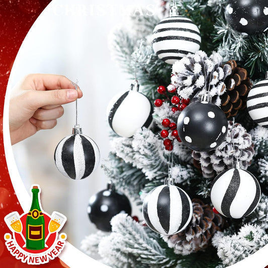 Black and White Christmas Ball Ornaments - Fresh Style, Set of 12