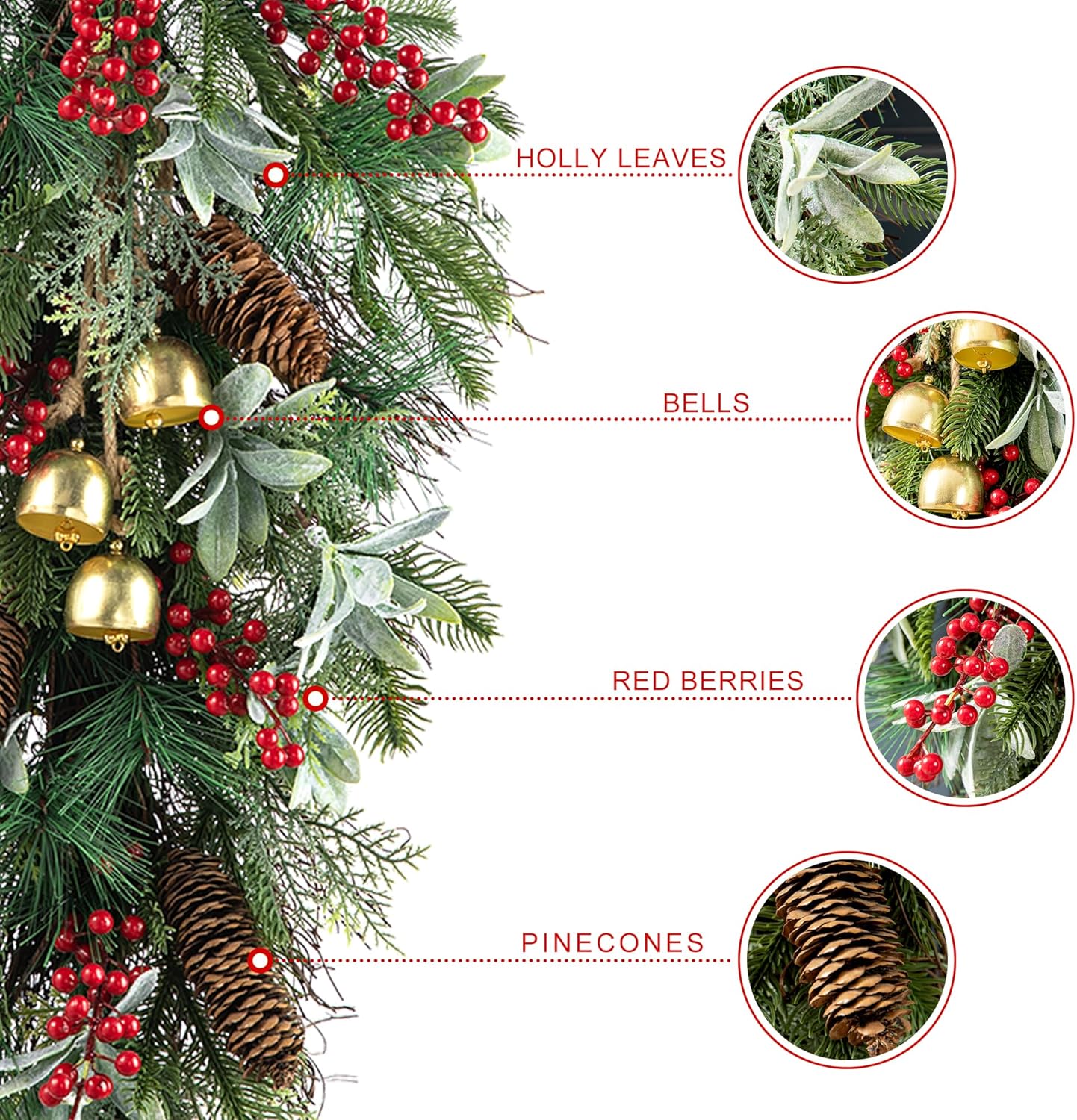 Christmas Bell Teardrop Swag with Faux Berries and Pinecone Ornament - 26" Pine Branches Door Swag Garlands for Xmas Wall Outdoor Indoor Decor