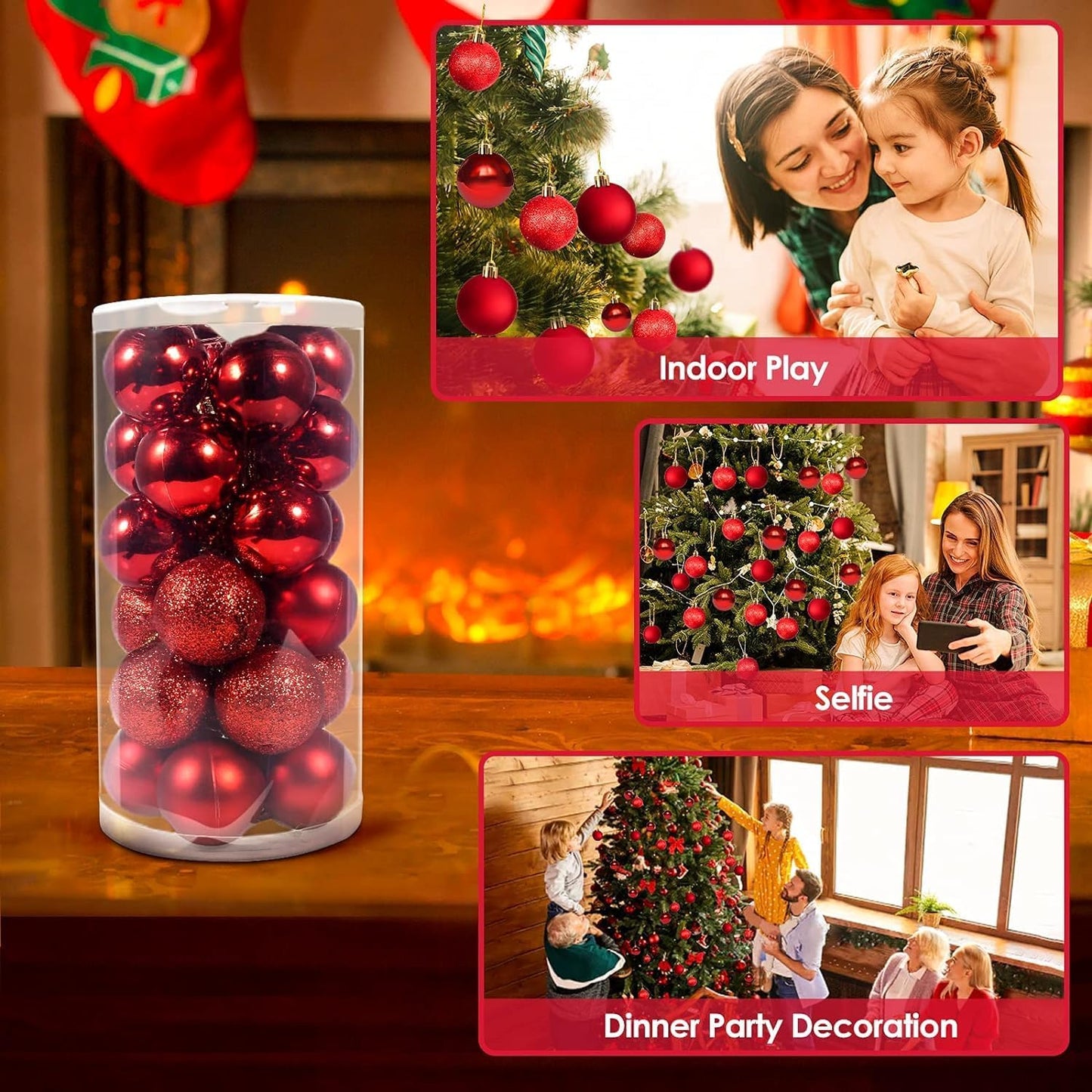 Shatterproof Red Christmas Ball Ornaments - 24pcs, 3 Styles