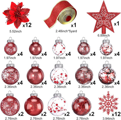 Christmas Ball Ornaments Set with Snowflakes Ribbons and Poinsettia Tree Topper - Red