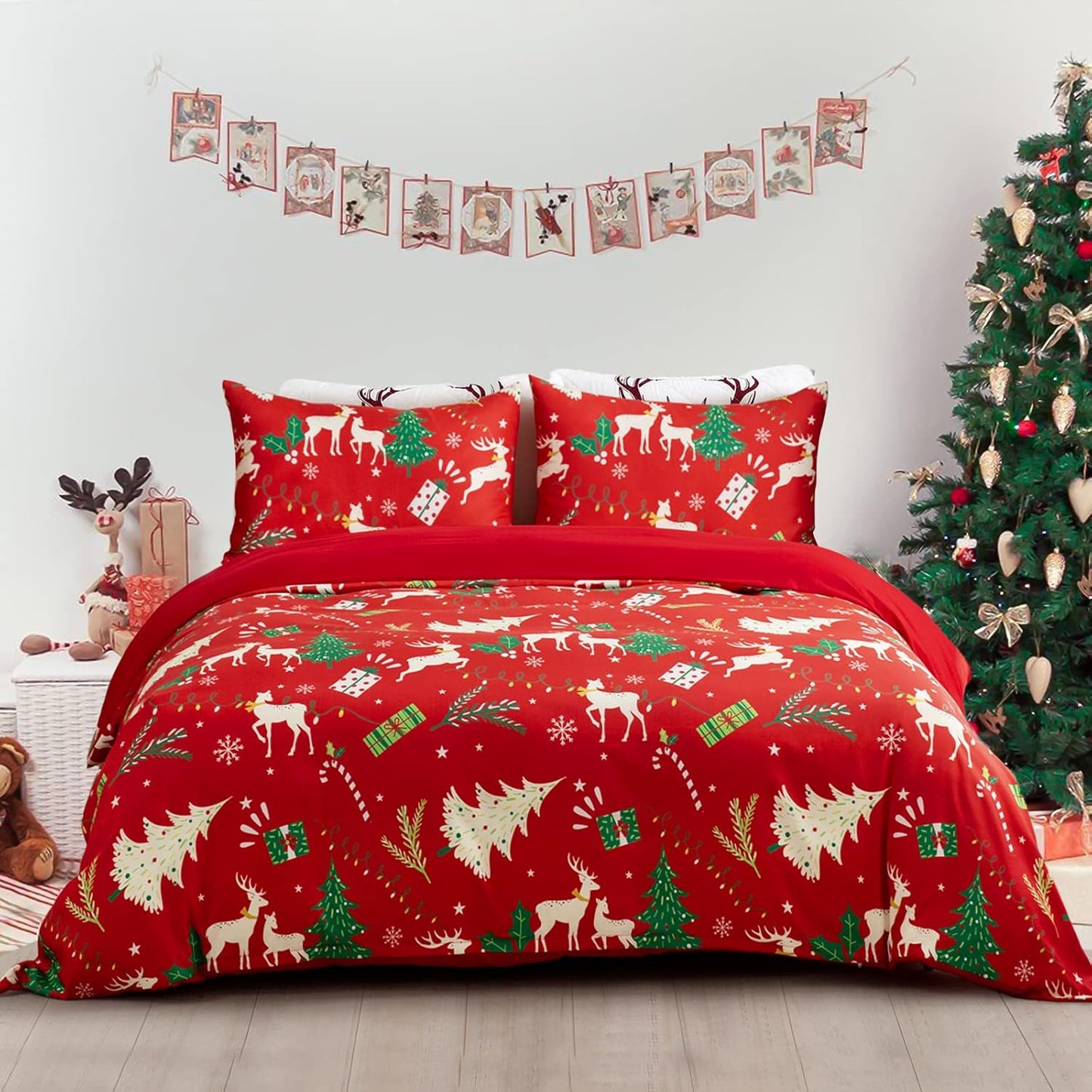 Xmas Tree Reindeer Queen Duvet Cover Set - Festive Bedroom Decor - Lightweight Comforter Cover - 3 Pieces