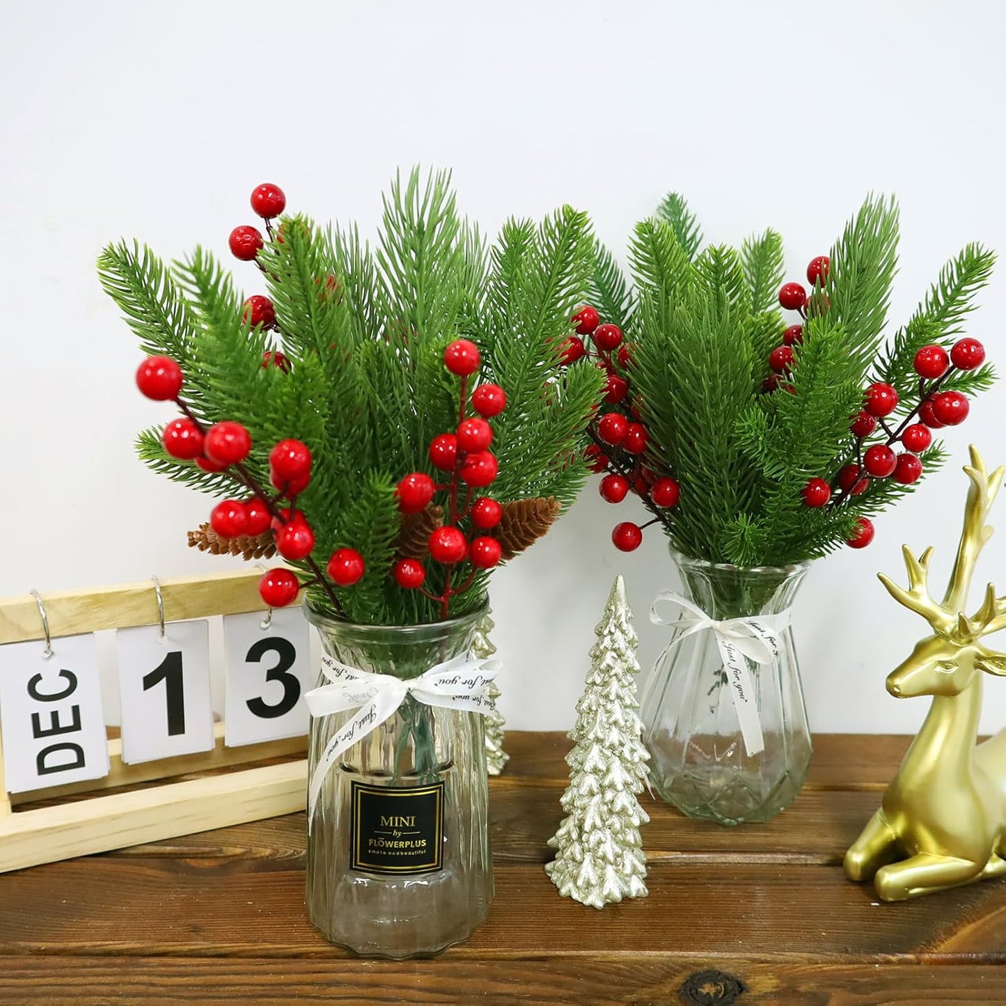 Artificial Pine Branches and Red Holly Berries - Set of 70