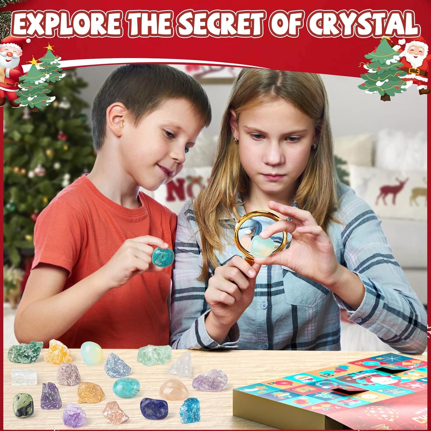 Natural Crystals & Minerals Advent Calendar with Necklace and Storage Bag