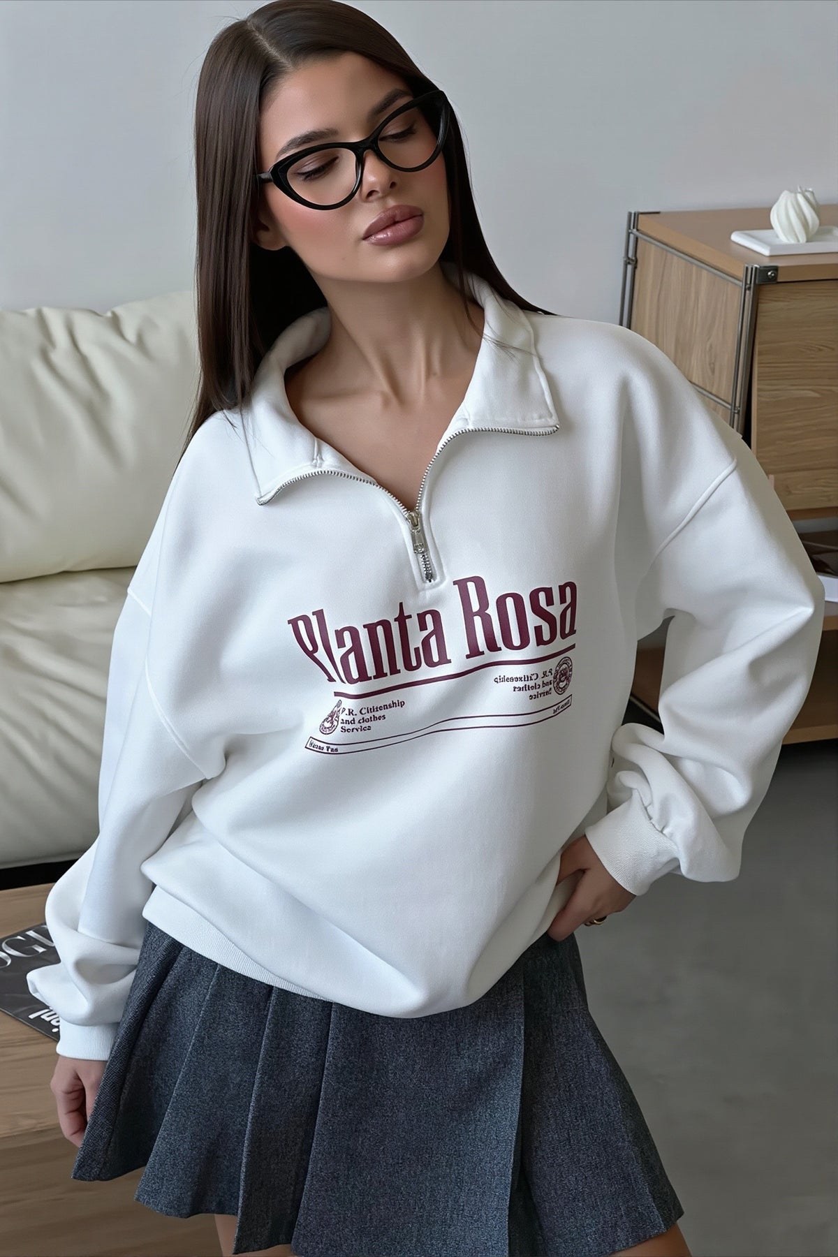 Print Loose Fit Half-Zip Collared Sweatshirt