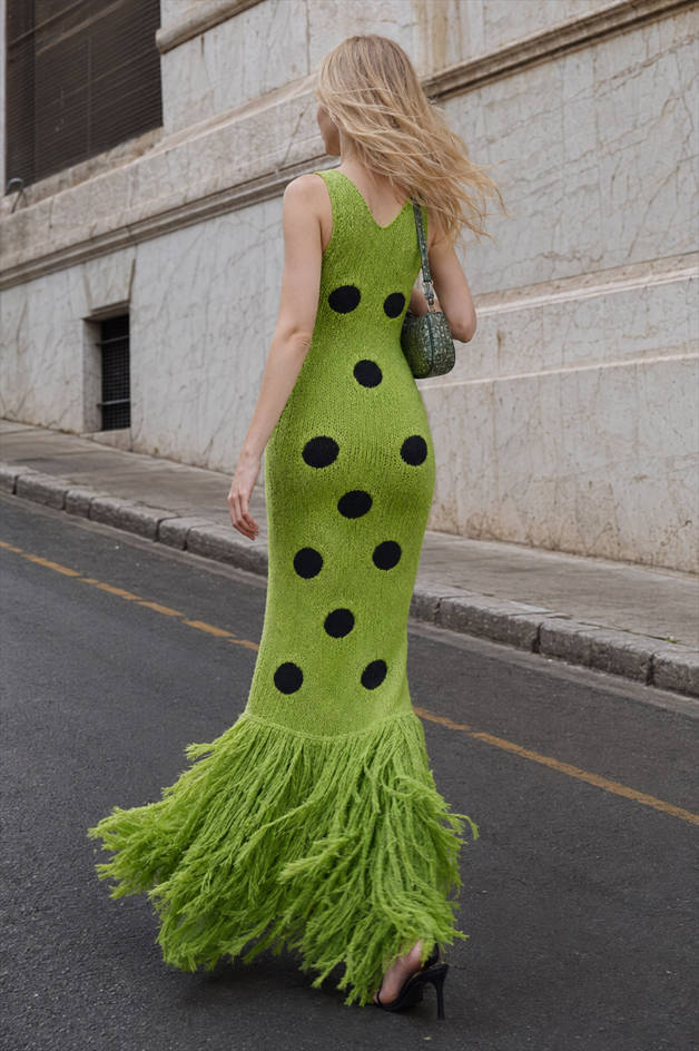 Polka Dot Knit Fringe Hem Maxi Dress