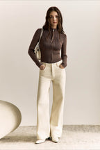 Ribbed Stand Collar Zip Front Fitted Sweater