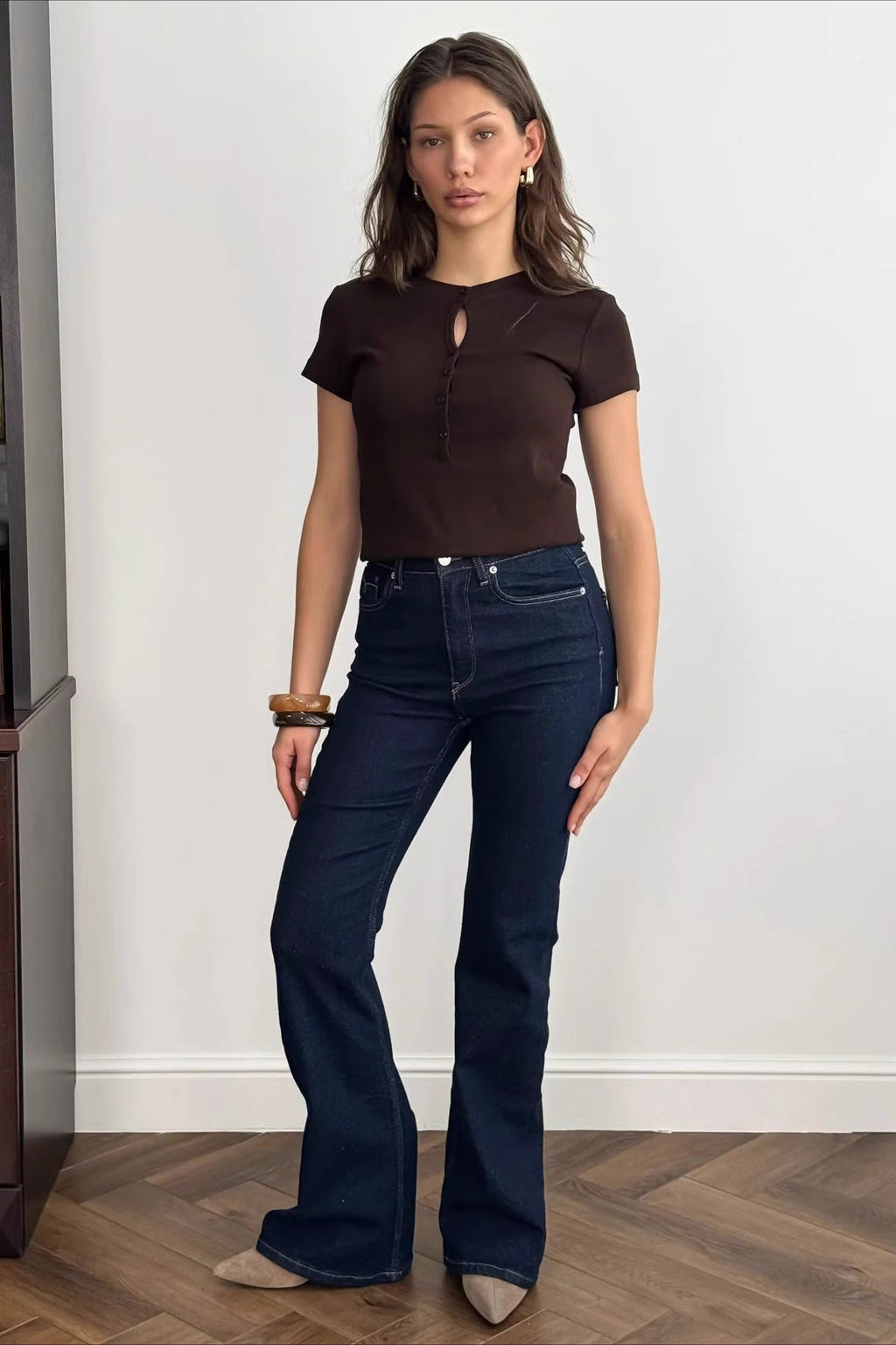 Solid Cropped Button Front T-Shirt