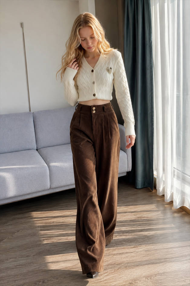 Solid Corduroy Wide Leg Knit Pants
