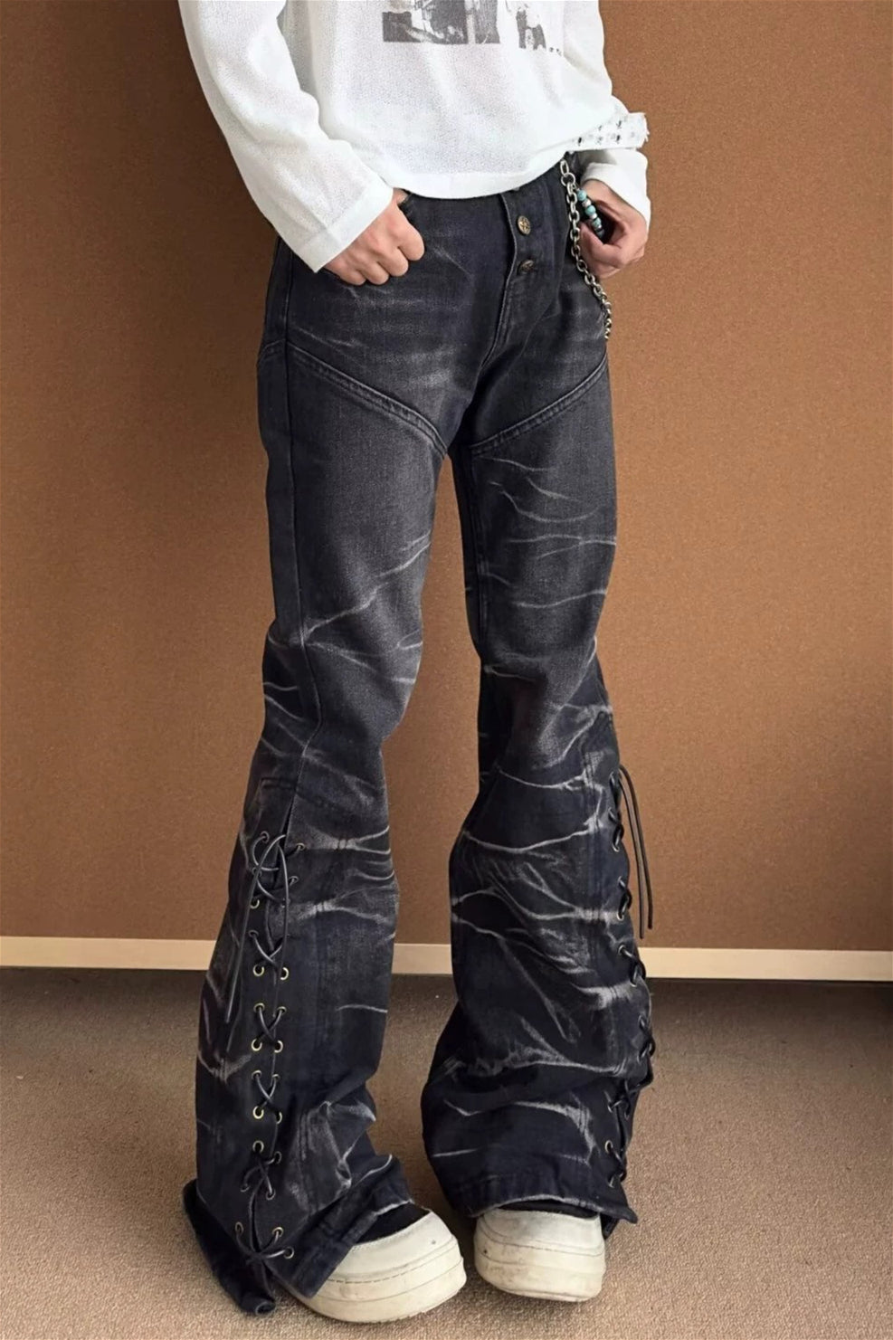 Lightning Graphic Washed Stacked Flare Jeans