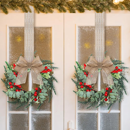 Christmas Wreath Decorations with Burlap Ribbon - Mini Farmhouse Wreaths for Kitchen Cabinet, Pillars, Front Door, Window, Chair, and Wall