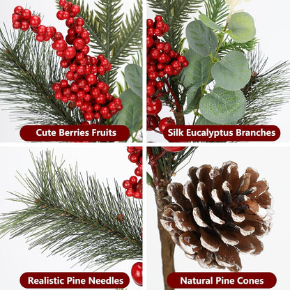 Artificial Pine Branches with Red Berries - Set of 4