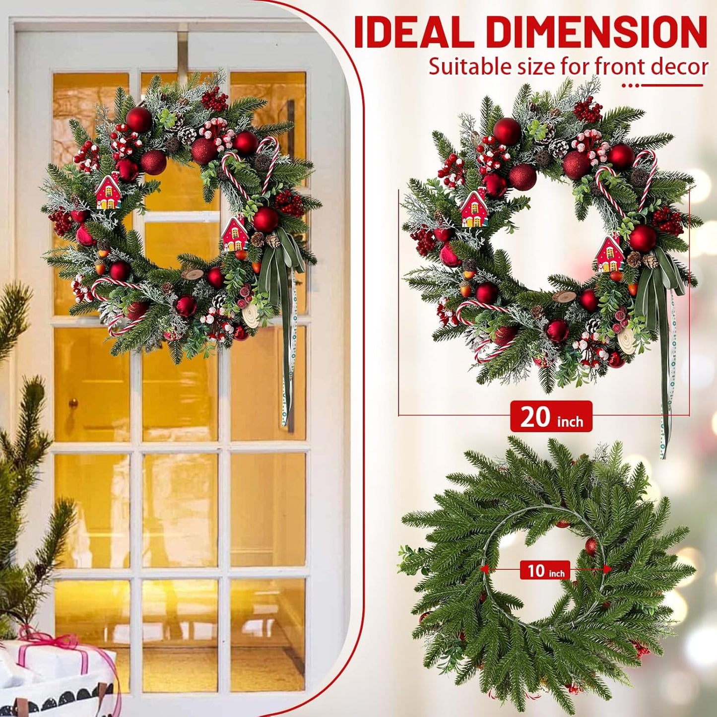 Christmas Wreath with Candy Canes, Ornaments, Pine Cones, Berries & Bow - Indoor/Outdoor Wall Decor