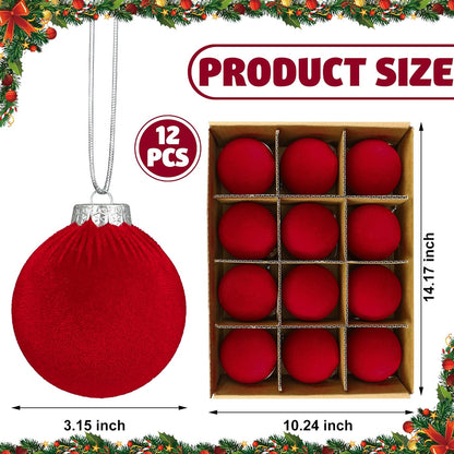 Red Velvet Christmas Ball Ornament Set - Flocked Hanging Balls for Tree - Shatterproof Plastic Holiday Decor