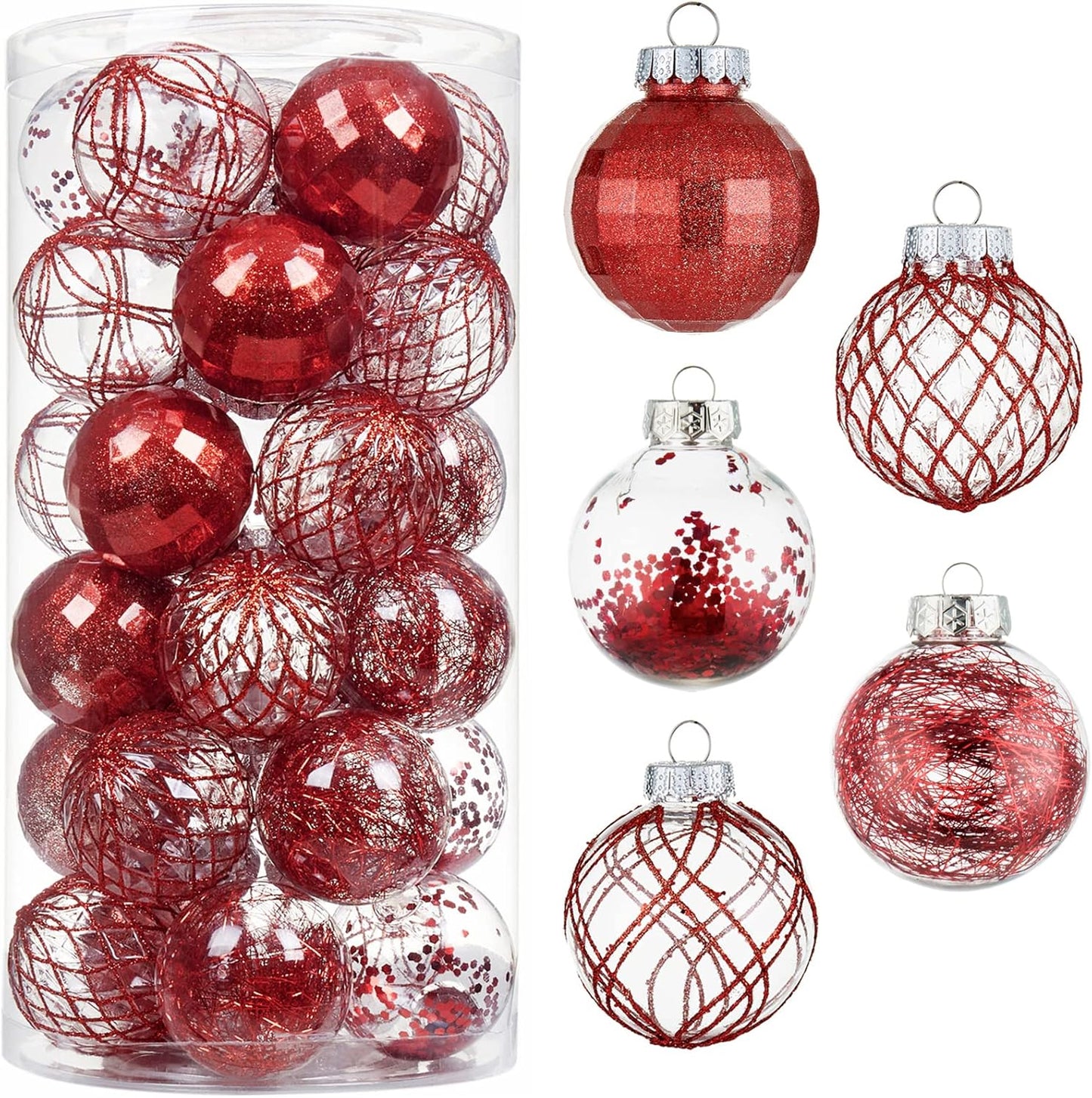 Clear Plastic Christmas Ball Ornaments Set - Red, Shatterproof