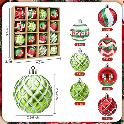 Shatterproof Christmas Ornaments - Red Green White - 16PCS - 2.36" - Xmas Tree Decoration