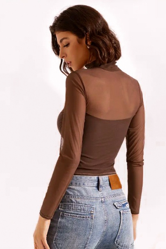 Solid Mock Neck Mesh Paneled  Crop Top Secondary image