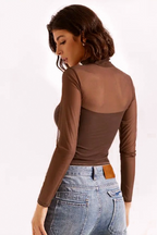 Solid Mock Neck Mesh Paneled  Crop Top