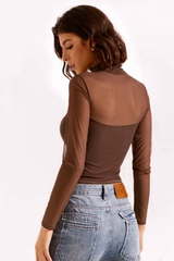 Solid Mock Neck Mesh Paneled  Crop Top
