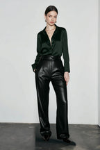 Lace Leather Panel Sheer  Long Sleeve Chic Blouse