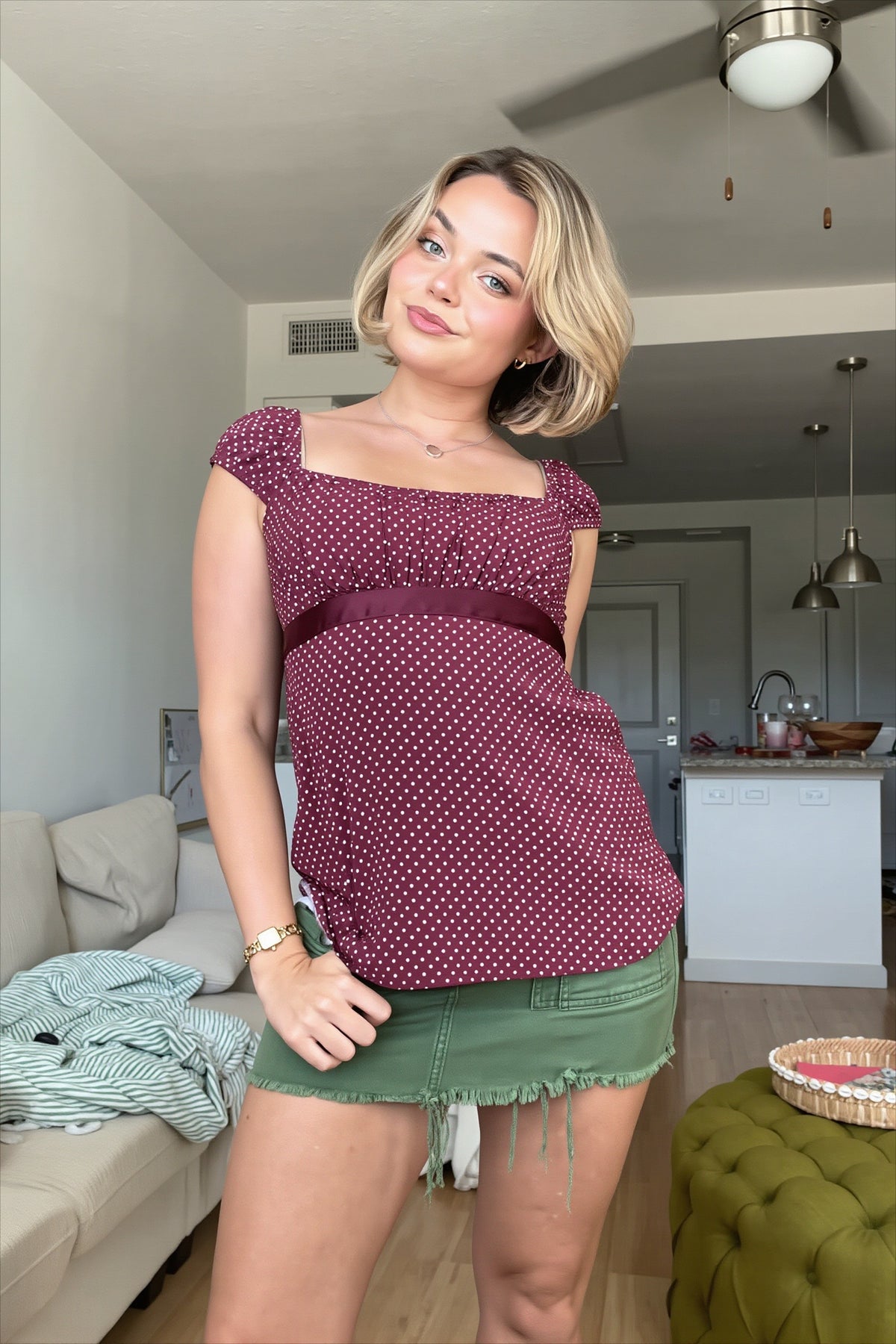 Polka Dot Square Neck Fitted T-Shirt