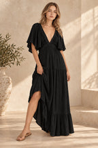 Black Embroidery Round Neck Flare Boho Dress