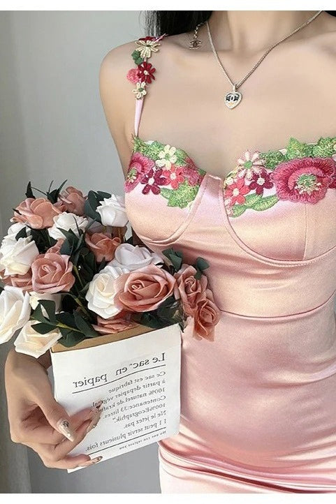 Embroidered Floral Satin Cami Bodycon Mini Silk Dress Secondary image
