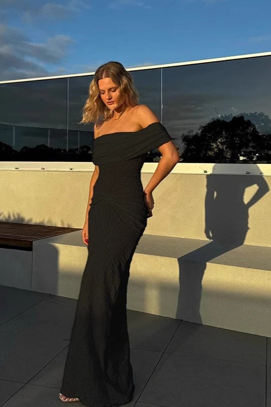 Simple Elegant Fold Over Off Shoulder Pleated Sheath Boho Dress Main image