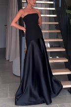 Strapless Satin Sleeveless Paneled Solid Formal Dress