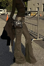 Washed Buckled Pocket Cargo Flare Jeans