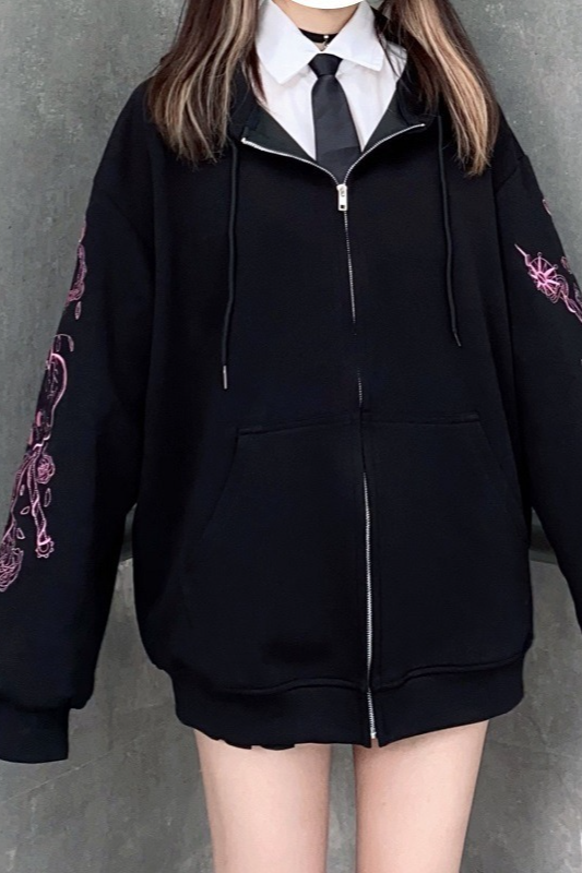 Printed Zip Vintage Black Casual Sporty Hoodie Secondary image