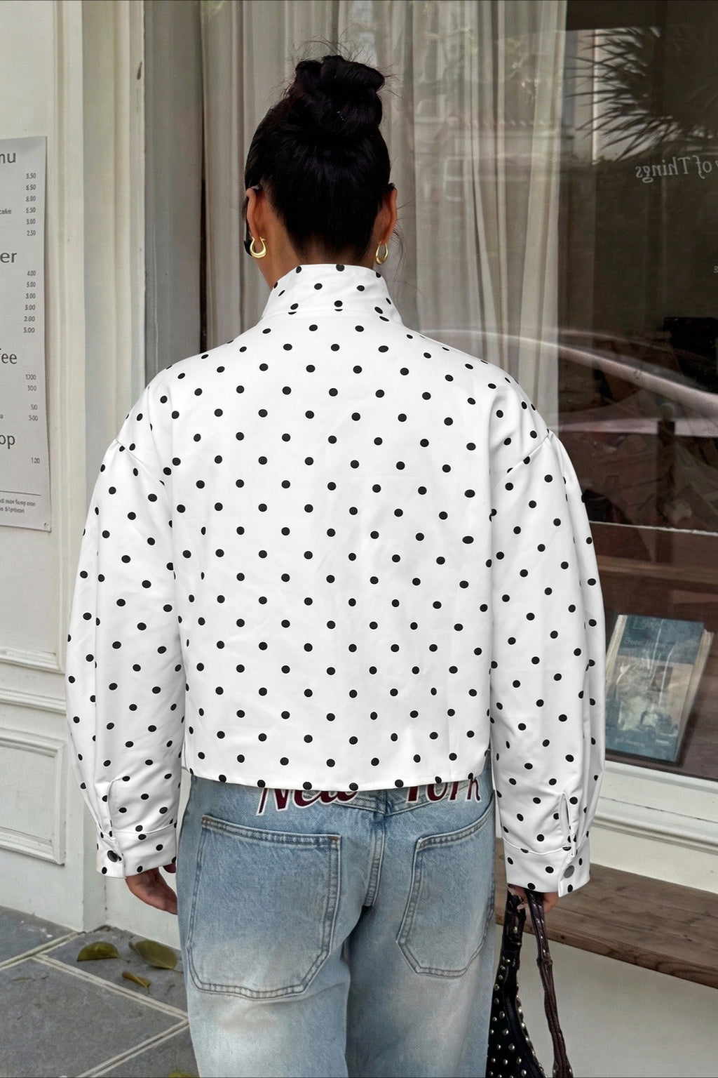 Polka Dot High Collar Cropped Moto Jacket
