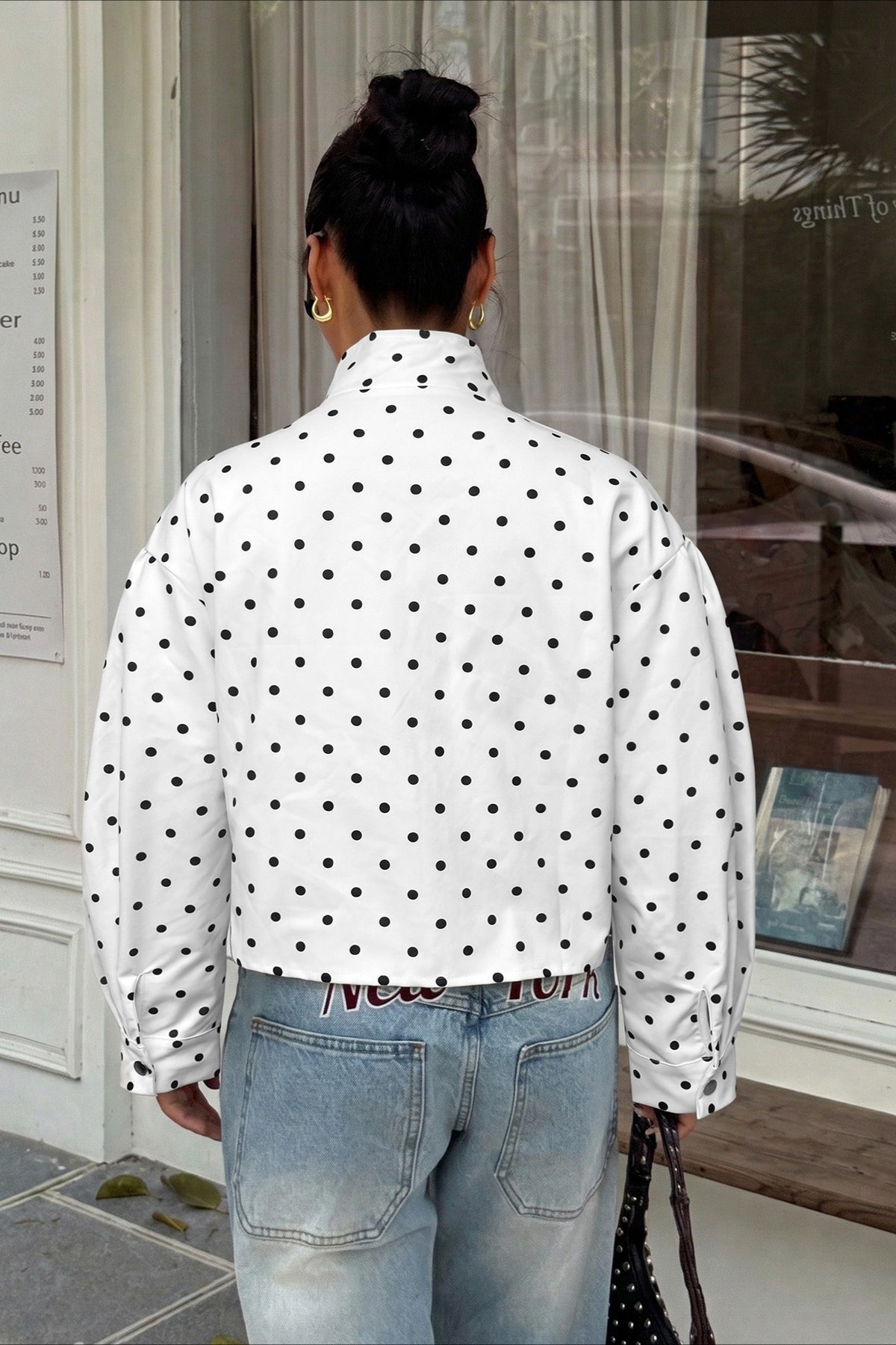 Polka Dot High Collar Cropped Moto Jacket