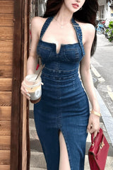 Halter Split Maxi Denim Dress