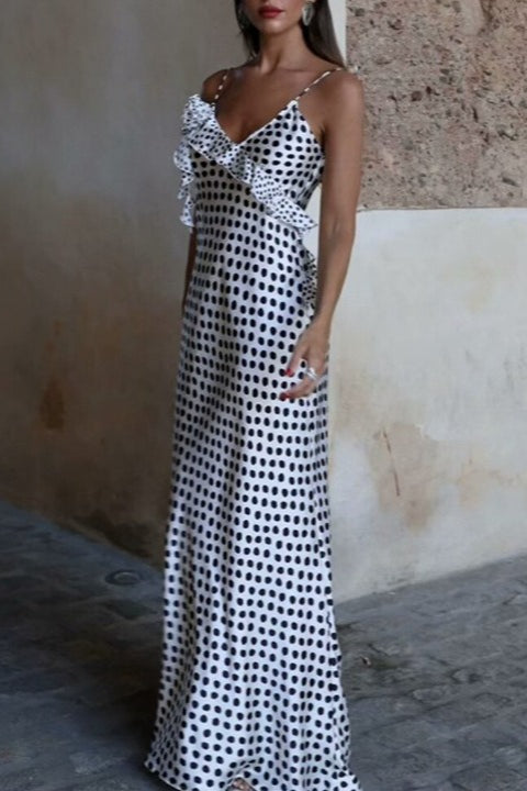 Polka-Dot Tiered Trim Satin Silk Dress Secondary image