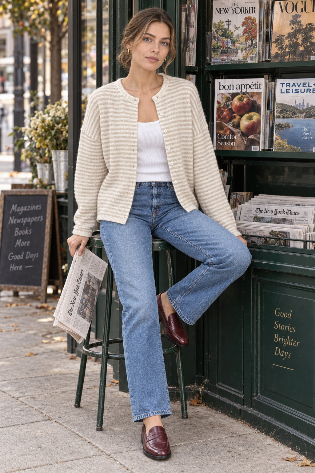 Stripe Roll Neck Button Casual Cardigan Main image