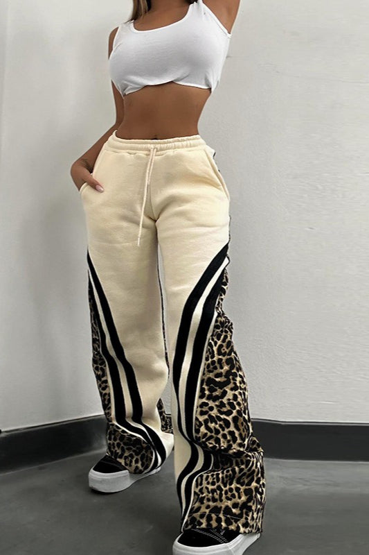 Leopard Print Stripe Color Block High Waist Loose Pants Main image